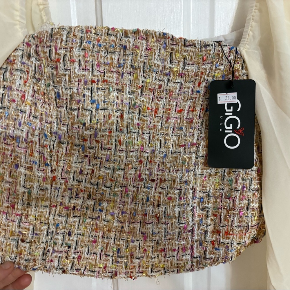 Multicolor Tweed Square-Neck Crop Top with Ivory Long Sleeves - Picture 4 of 7